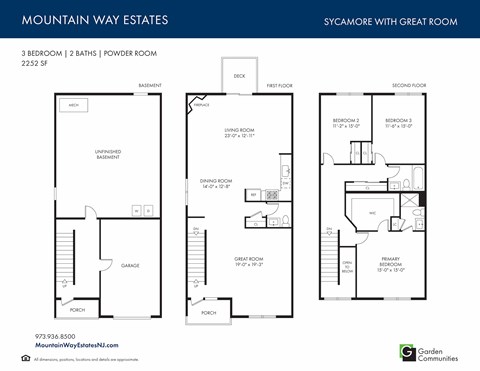 Floor plan for 3 beds, 2.5 baths, 2252 sqft